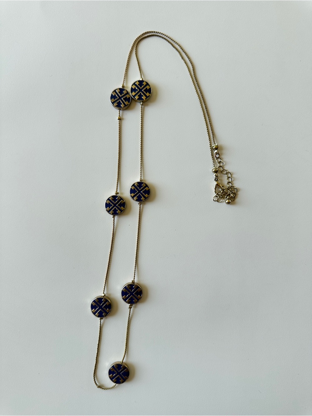 Tory Burch Gold Long Necklace with Navy Enamel Disc Accents